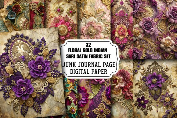 Download Floral Gold Indian Sari Satin Fabric Set - Indian Collection